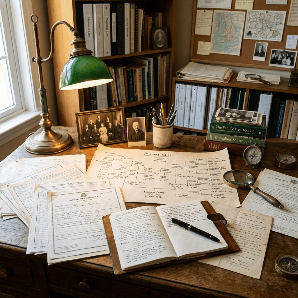 Workspace with genealogy software on laptop, old documents, family photos, magnifying glass, and notebook
