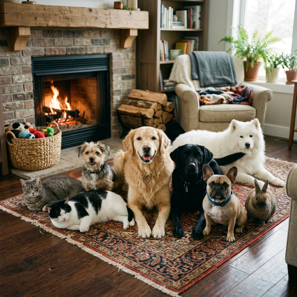 Two cats, five dogs, and a rabbit sitting calmly on a patterned rug in front of a lit fireplace